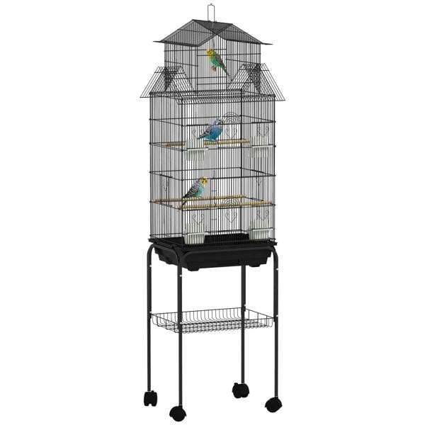 Black metal bird cage with domed top, perches, and rolling stand for small birds