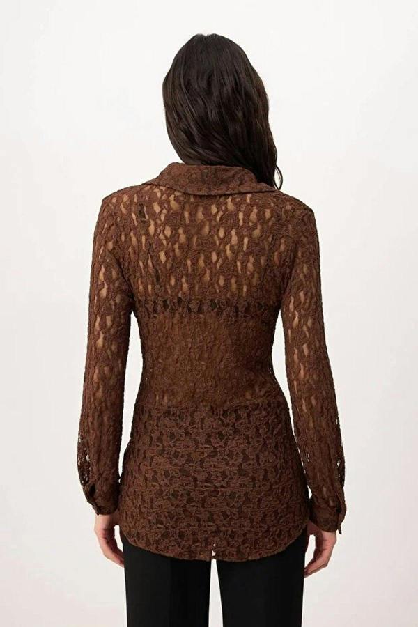 WOVCOR Plain Fitted Shirt Collar Long Sleeve Lace Knit Shirt