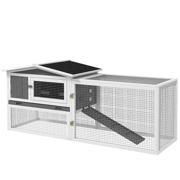 Grey wooden rabbit hutch with enclosed run, wire mesh sides, ramp and sliding tray