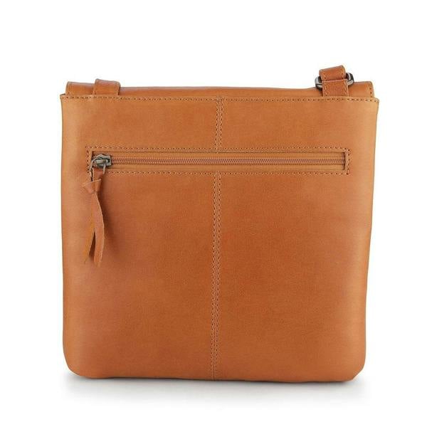 Back view of a cognac PRIMEHIDE crossbody organiser bag made of real leather with a zippered pocket.