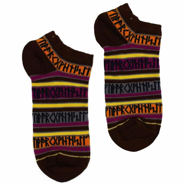 Low-cut bamboo socks, dark brown with orange and purple striped rune pattern