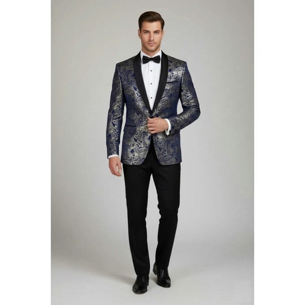 TruClothing STZ63 - Mens Velvet Paisley Floral Blue Gold Tuxedo Blazer