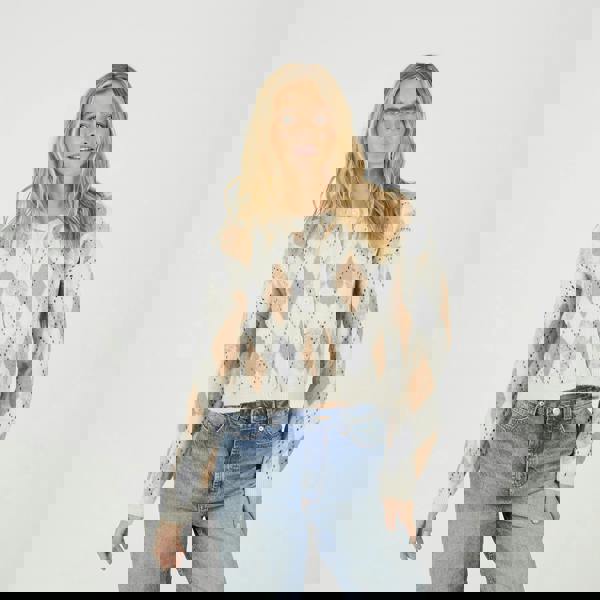 Brave Soul Cream Round Neck Argyle Knit Cardigan - Cream Image 1