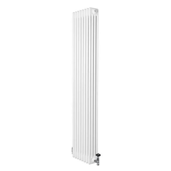 Traditional white 4 column radiator with a sleek vertical design, measuring 1800 x 380mm, featuring polished valves and smooth texture