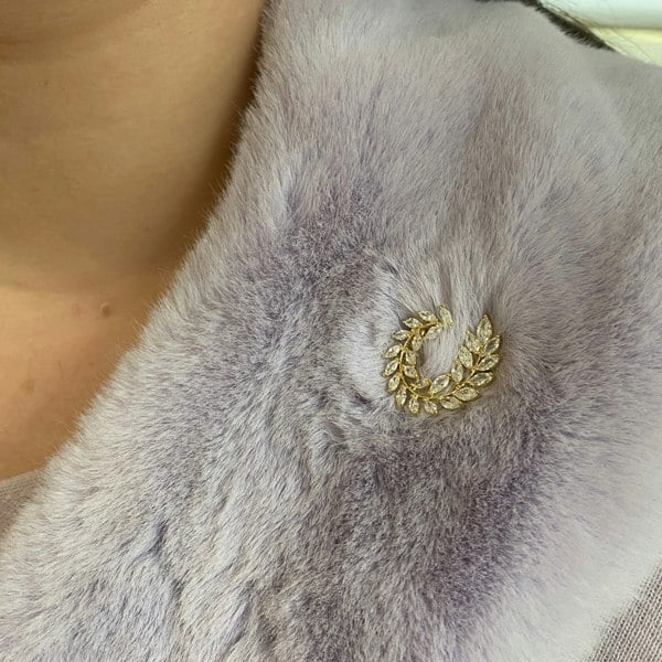 Wreath brooch, gold tone metal, clear marquise cut crystals, sparkling rhinestone embellishments, circular laurel design, elegant vintage inspired jewellery, decorative pin, gift for her
