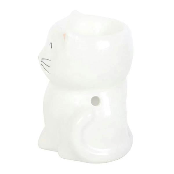 White ceramic cat oil burner, side view with small round opening on the belly