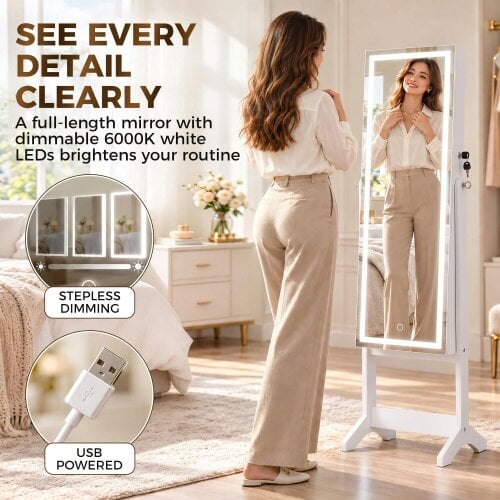 HOMCOM Mirror Jewelry Cabinet with LED Light, Mirror with Storage, White