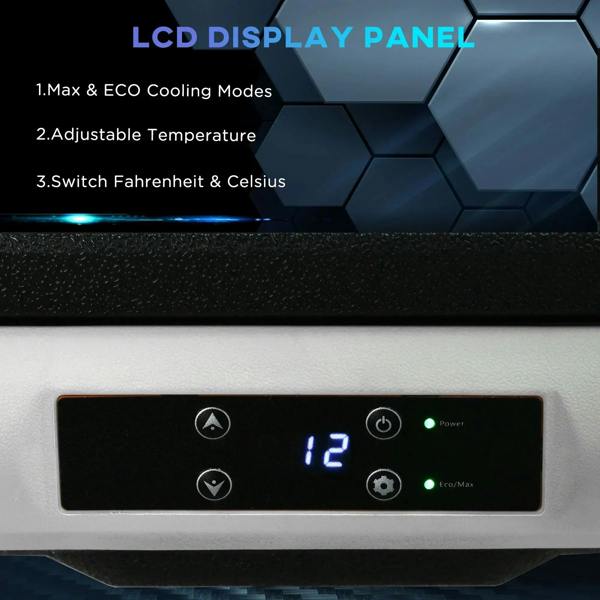 Portable cooler control panel with LCD display and buttons on white side trim
