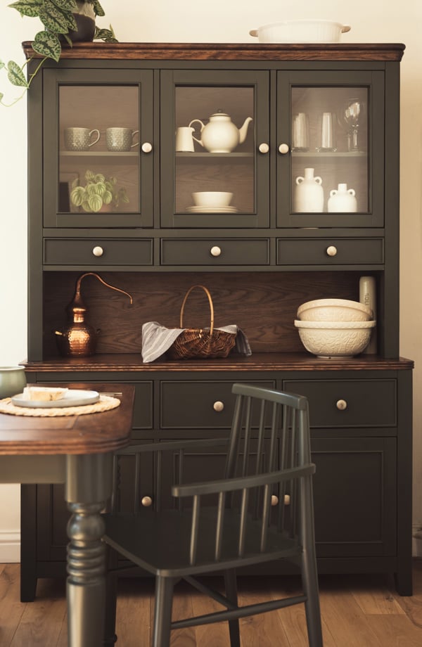 Statement Furniture Queensbury Large Triple Dresser, Three Door Display Cabinet with Oak Top