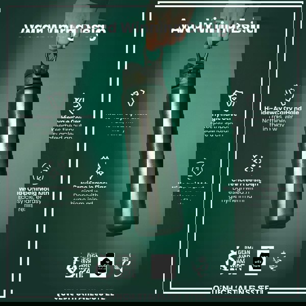 A dark-green, stainless steel water bottle is being held. Its features include a hide-away handle, hygiene cover, and wide mouth. The bottle is an award winner.