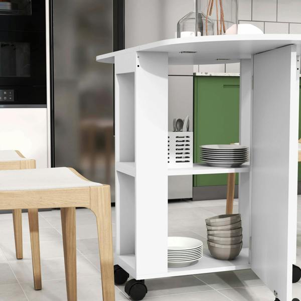 White drop-leaf dining table with open shelving holding stacked dishes and cookware