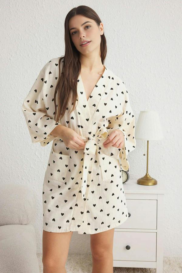 WOVCOR 100% Cotton Heart Print Belted Muslin Woven Dressing Gown
