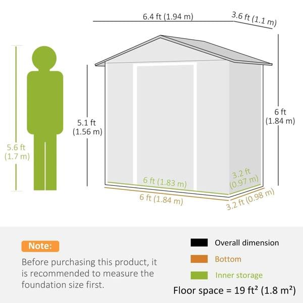 Green metal storage shed dimension diagram showing height and floor size