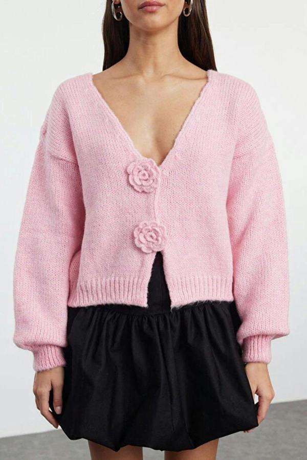 WOVCOR Soft Textured Knit Cardigan with Rose Detail