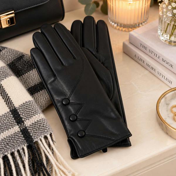 Love EMVY Ladies Faux Leather Gloves with Soft Lining & Button Detail