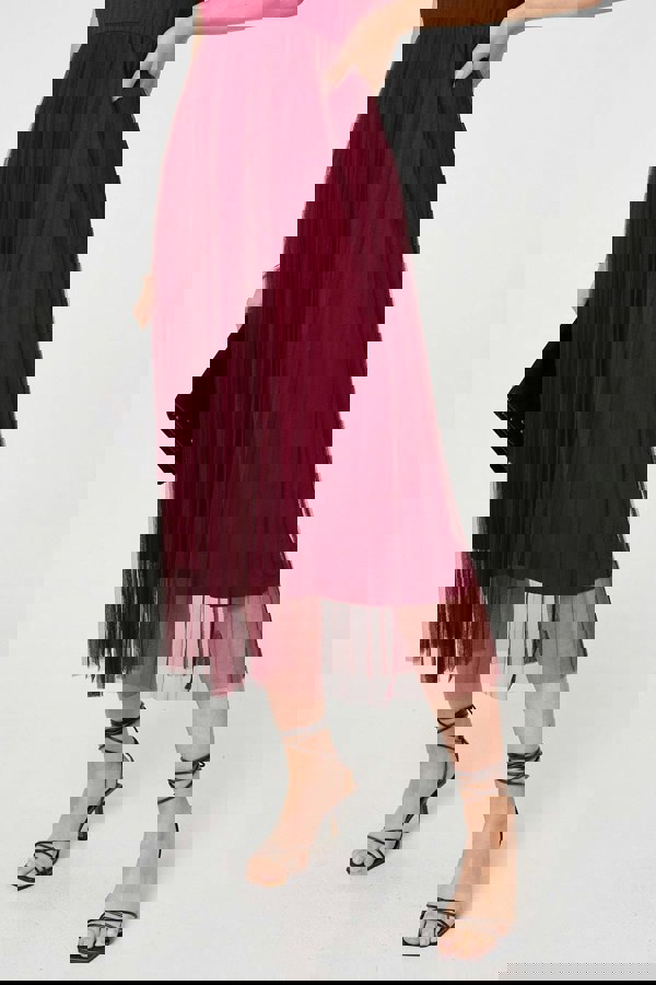 Burgundy | Layered Knit Top Mesh Pleated Midi Dress