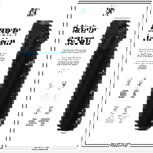 A black water bottle sits against a white background. It is made from Recyclon™, a plant-based polymer, and is BPA-free, odour-resistant, and dishwasher safe. The bottle's capacity markings range from 100ml to 350ml (12oz).