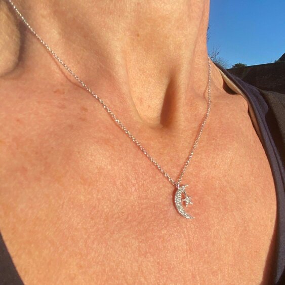 Reeves & Reeves 14K Solid Gold Diamond Moon and Star Necklace - White Gold - White Gold