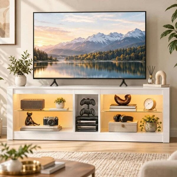 TV Stand Cabinet with LED Lights and Remote Control for TVs up to 65", Entertainment Centre with Storage Shelves, White - White