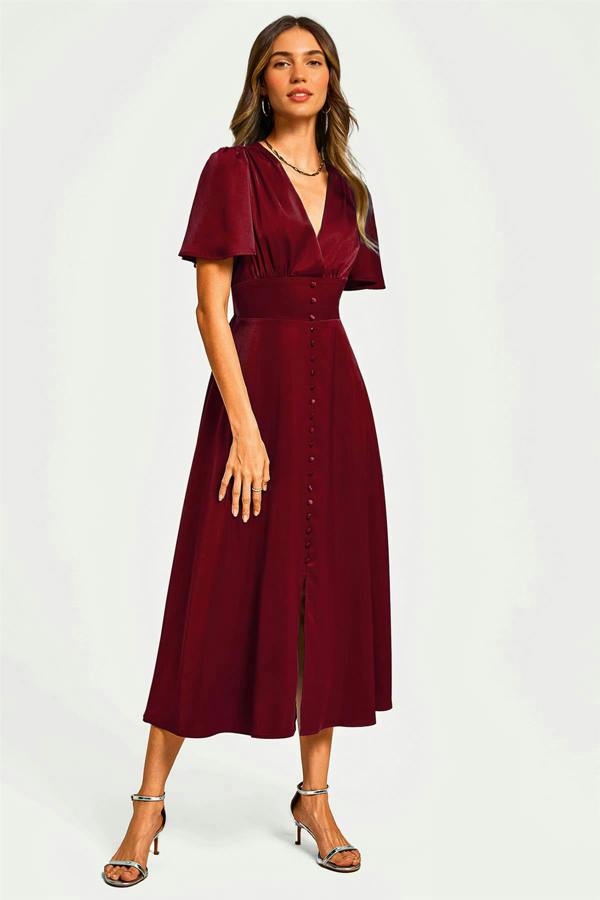 FS Collection Satin V neckline Button Detail Dress In Wine