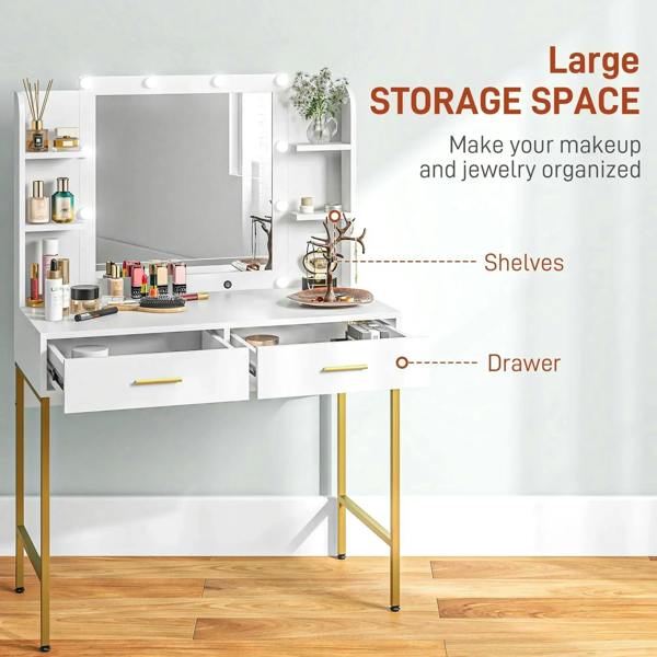 White vanity desk with lighted mirror, shelves and drawers for makeup storage