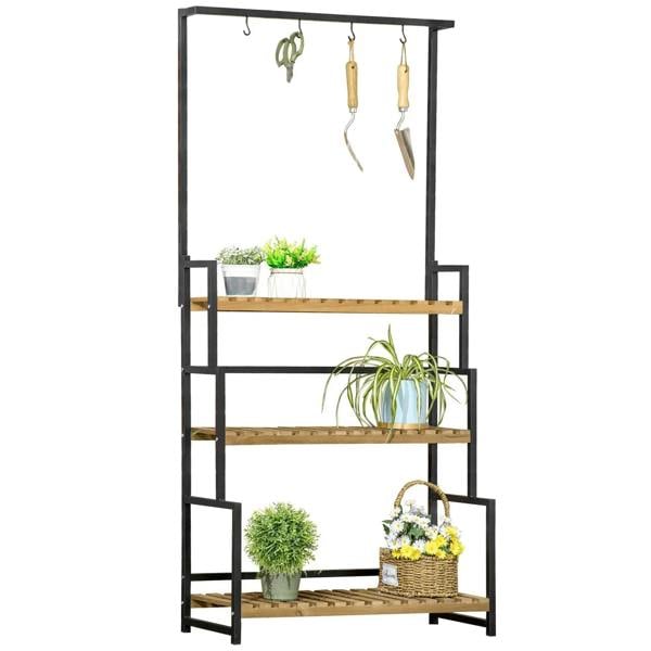 3-tier plant stand with hanging hooks, black metal frame and light wood shelves