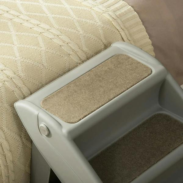 Grey pet stairs step with beige non-slip mat and rounded side edge