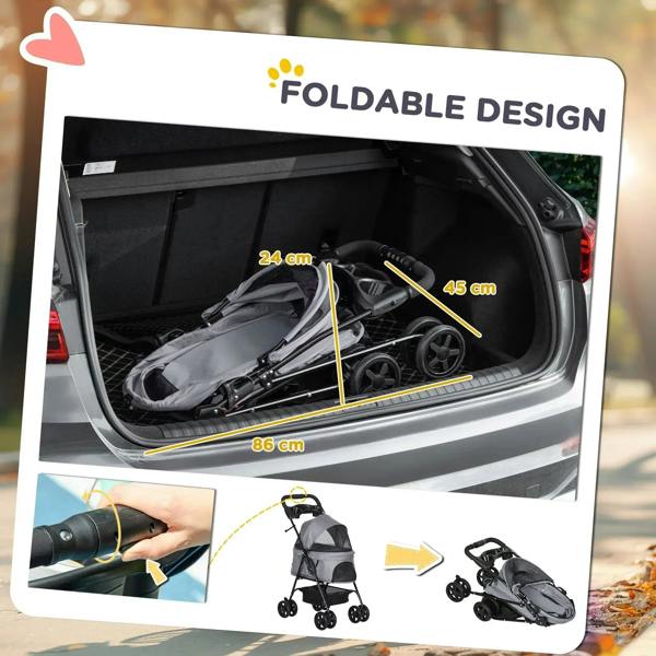 Foldable grey dog stroller shown packed in a car with wheels and foldable frame