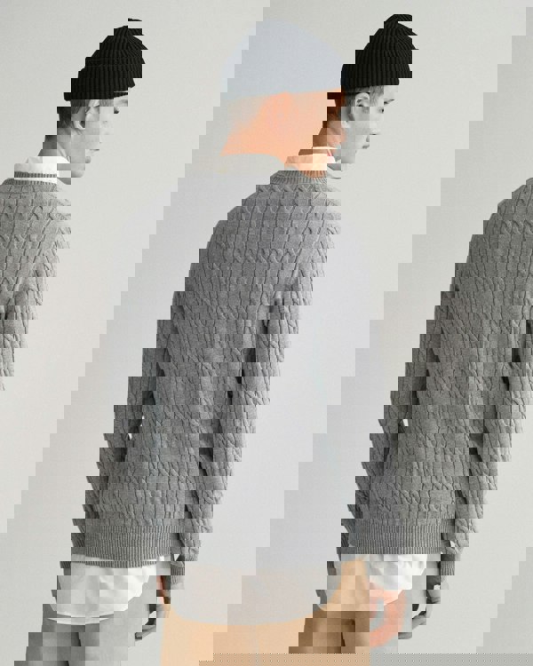 GANT Mens Cotton Cable Knit Crew Neck Jumper - 93 Grey Melange