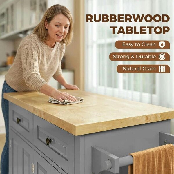 Kitchen Island on Wheels, Rolling Kitchen Trolley with Rubberwood Top, 2 Drawers, Adjustable Shelves, Grey