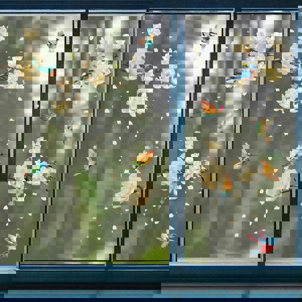 WALPLUS WSW6023 - White Magnolia Flowers with Birds Window Clings