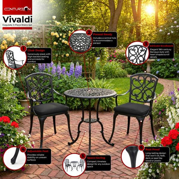 Centurion Supports VIVALDI Black 3-Piece Cast Aluminium Garden Bistro Set - with Black Cushions
