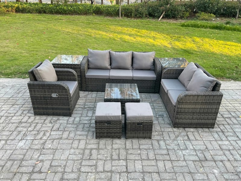 Fimous Indoor Outdoor Rattan Garden Furniture 8 Seater Set Table Sofa Chair Patio Conservatory with Grey Cushions 2 Side Tables 2 Small Footstools