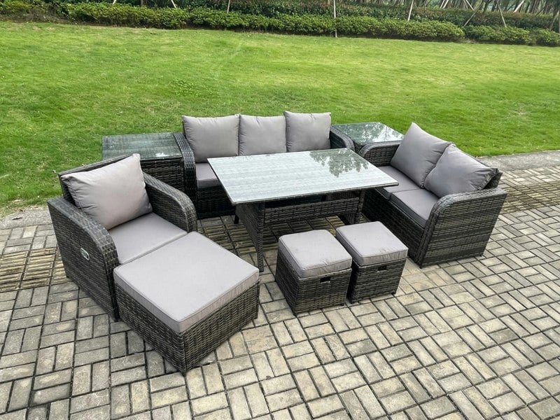 Fimous 9 Piece Garden Rattan Furniture Dining Table Sofa Set Indoor Outdoor with Reclining Chairs 2 Side Tables 3 Footstools Dark Grey Mixed