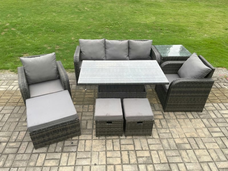 Fimous Outdoor Rattan Furniture Sofa Garden Dining Sets Height Adjustable Rising lifting Table and Chair Set With Side Table 3 Footstools