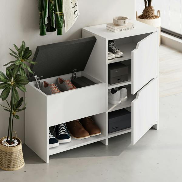 Decortie Modern Haven Shoe Bench Rack White 101.5(W) Organiser Hallway 2 Cupboard Storage Cabinet 1 Open Shelf Fabric Seat