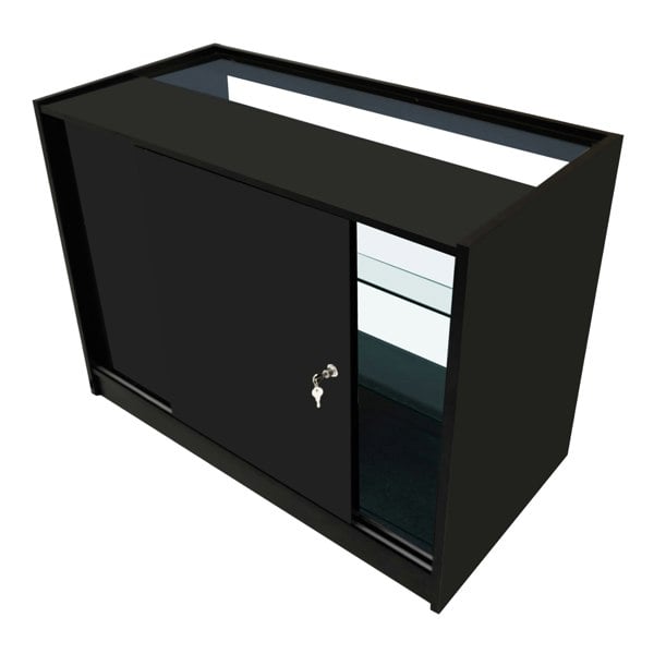 Black Aries LED shop counter set featuring a sleek design, sliding door, glass shelves, and illuminated display area for products