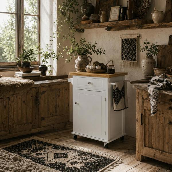 Wyld Haus Sofi Wooden White Kitchen Trolley With Drawer Cupboard And Towel Rail