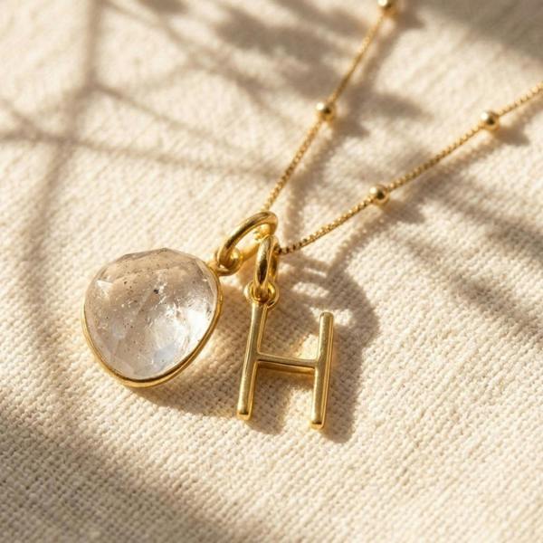 Harfi 18ct Gold Plated White Topaz April Birthstone Initial Necklace