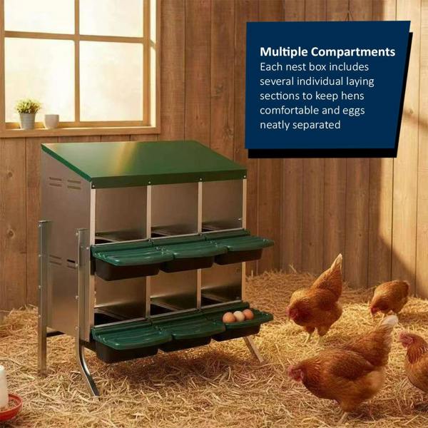 Chicken nesting box with multiple compartments in a barn setting