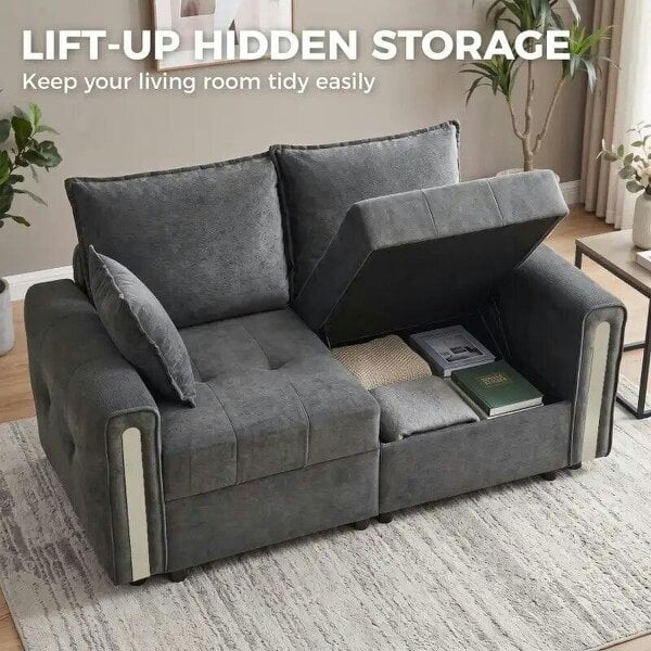 Bobobiy 2 Seater Sofa with Lift-Up Storage, 168 cm Comfy Velvet Small Couch with Wide Deep Seat, Plush Backrest, Thick Padding, 2 Pillows, Dark Grey
