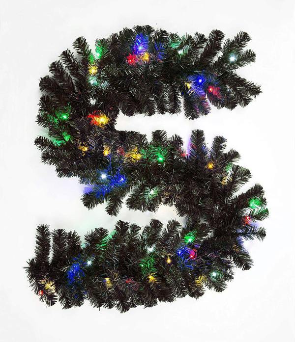 2m Black Pre-Lit Artificial Christmas Garland with Multicolour Lights, Flexible PVC, Indoor and Sheltered Outdoor Use image 1
