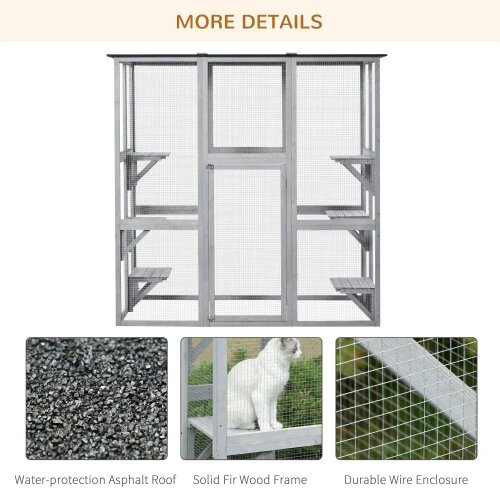 Wooden Catio Cat Outdoor Enclosure, Cat Cage with Waterproof Roof, Platforms, for Multiple Kittens, 180 x 98 x 180 cm