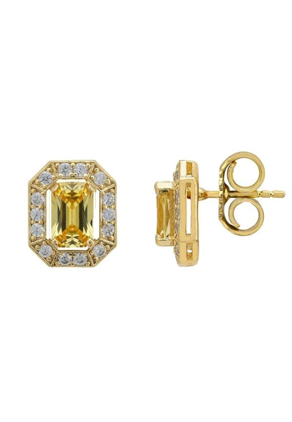 Gold earrings with a central green gemstone and smaller diamonds on a white background