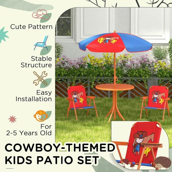 Kids cowboy patio set with parasol table and two red folding chairs
