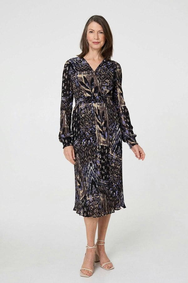 Black | Printed Shirred Waist Midi Wrap Dress
