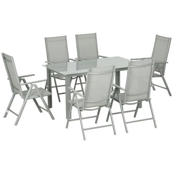 Grey outdoor dining table set with folding reclining chairs and rectangular glass tabletop.