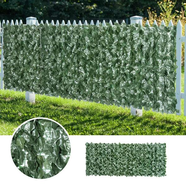 Dark green artificial leaf hedge privacy fence panel installed on garden fence with clips