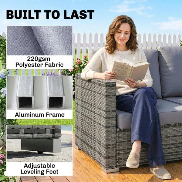 Bobobiy Luxury 5 Seater Rattan Garden Set, 4 Pieces Outdoor Patio Conversation Set with Wide Seats, 220gsm Polyester Cushions, Grey