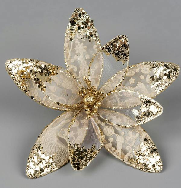 15cm Glitter Poinsettia Christmas Decoration with Metal Clip, Rose Gold Velvet Net, 6 Pack image 6